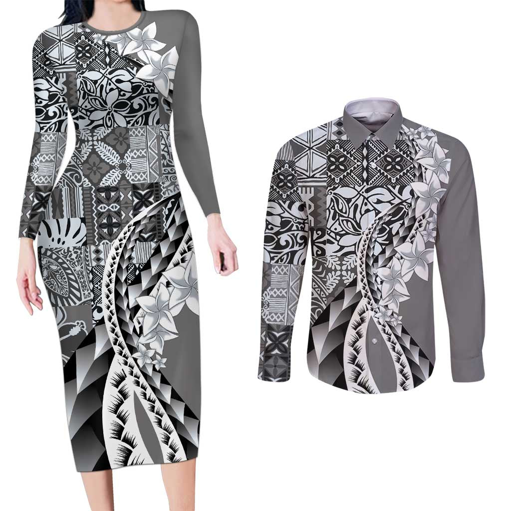 Aloha Vintage Plumeria Hawaiian Tapa Pattern Couples Matching Long Sleeve Bodycon Dress and Long Sleeve Button Shirt Gray Hawaiian Tapa Pattern LT9 Gray - Polynesian Pride