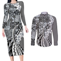 Aloha Vintage Plumeria Hawaiian Tapa Pattern Couples Matching Long Sleeve Bodycon Dress and Long Sleeve Button Shirt Gray Hawaiian Tapa Pattern LT9 Gray - Polynesian Pride