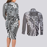 Aloha Vintage Plumeria Hawaiian Tapa Pattern Couples Matching Long Sleeve Bodycon Dress and Long Sleeve Button Shirt Gray Hawaiian Tapa Pattern LT9 - Polynesian Pride