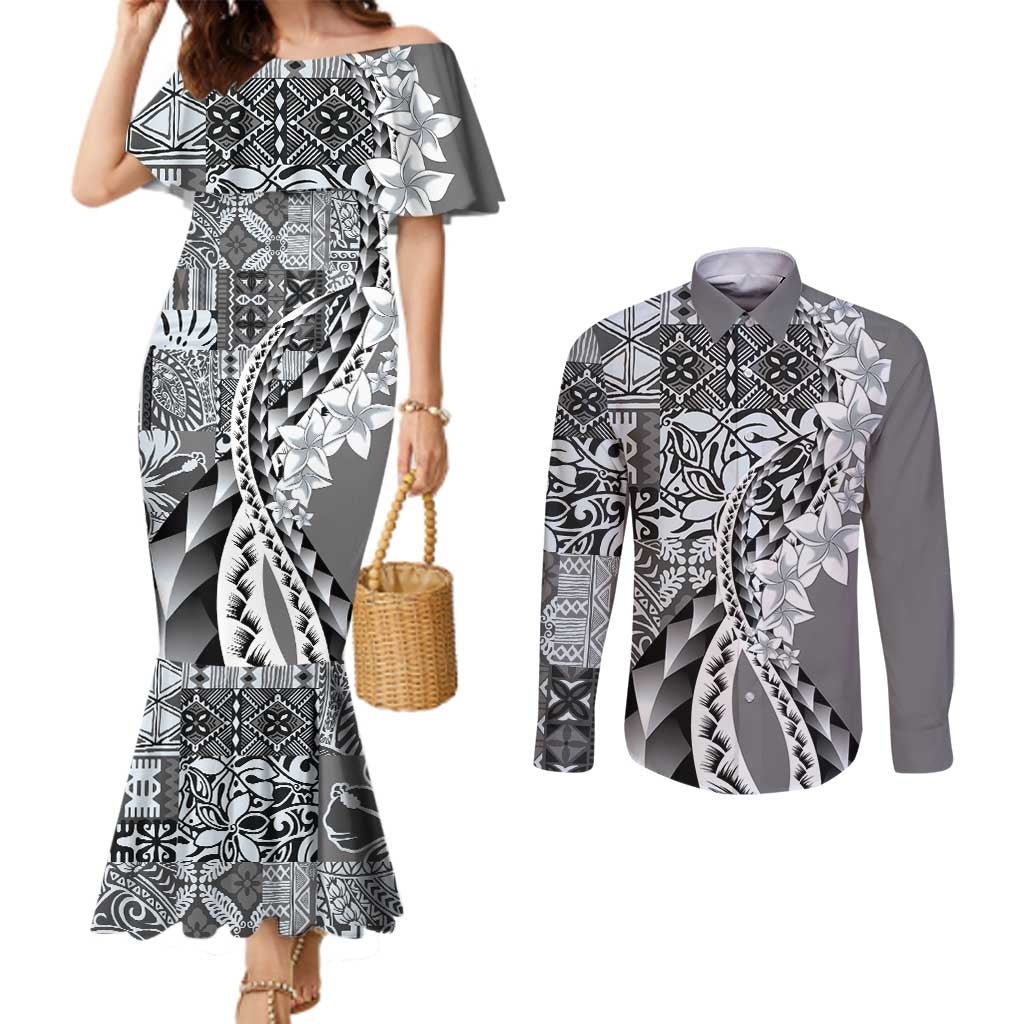 Aloha Vintage Plumeria Hawaiian Tapa Pattern Couples Matching Mermaid Dress and Long Sleeve Button Shirt Gray Hawaiian Tapa Pattern LT9 Gray - Polynesian Pride