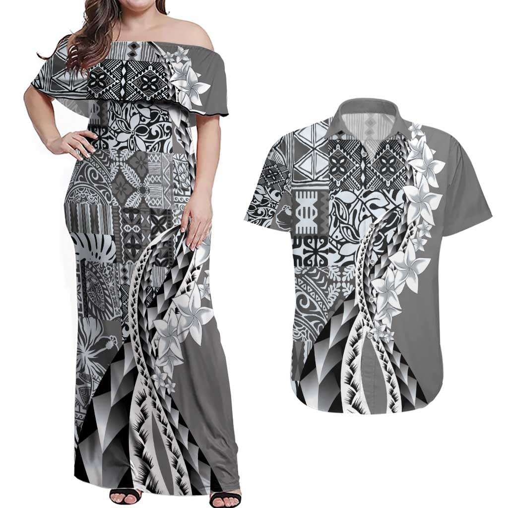 Aloha Vintage Plumeria Hawaiian Tapa Pattern Couples Matching Off Shoulder Maxi Dress and Hawaiian Shirt Gray Hawaiian Tapa Pattern LT9 Gray - Polynesian Pride