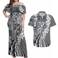 Aloha Vintage Plumeria Hawaiian Tapa Pattern Couples Matching Off Shoulder Maxi Dress and Hawaiian Shirt Gray Hawaiian Tapa Pattern LT9 Gray - Polynesian Pride