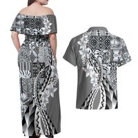 Aloha Vintage Plumeria Hawaiian Tapa Pattern Couples Matching Off Shoulder Maxi Dress and Hawaiian Shirt Gray Hawaiian Tapa Pattern LT9 - Polynesian Pride