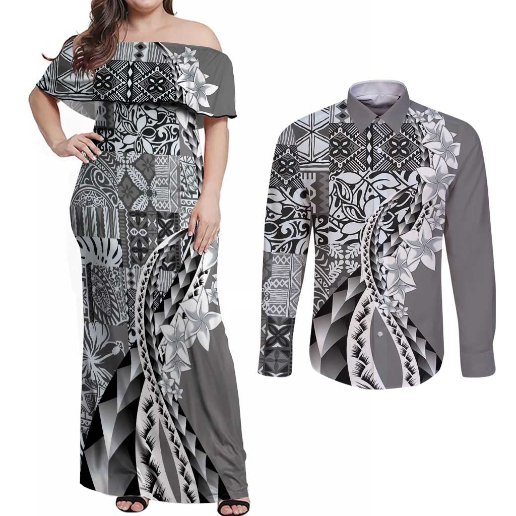 Aloha Vintage Plumeria Hawaiian Tapa Pattern Couples Matching Off Shoulder Maxi Dress and Long Sleeve Button Shirt Gray Hawaiian Tapa Pattern LT9 Gray - Polynesian Pride