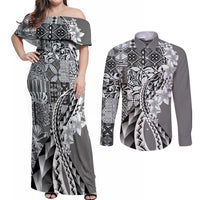 Aloha Vintage Plumeria Hawaiian Tapa Pattern Couples Matching Off Shoulder Maxi Dress and Long Sleeve Button Shirt Gray Hawaiian Tapa Pattern LT9 Gray - Polynesian Pride