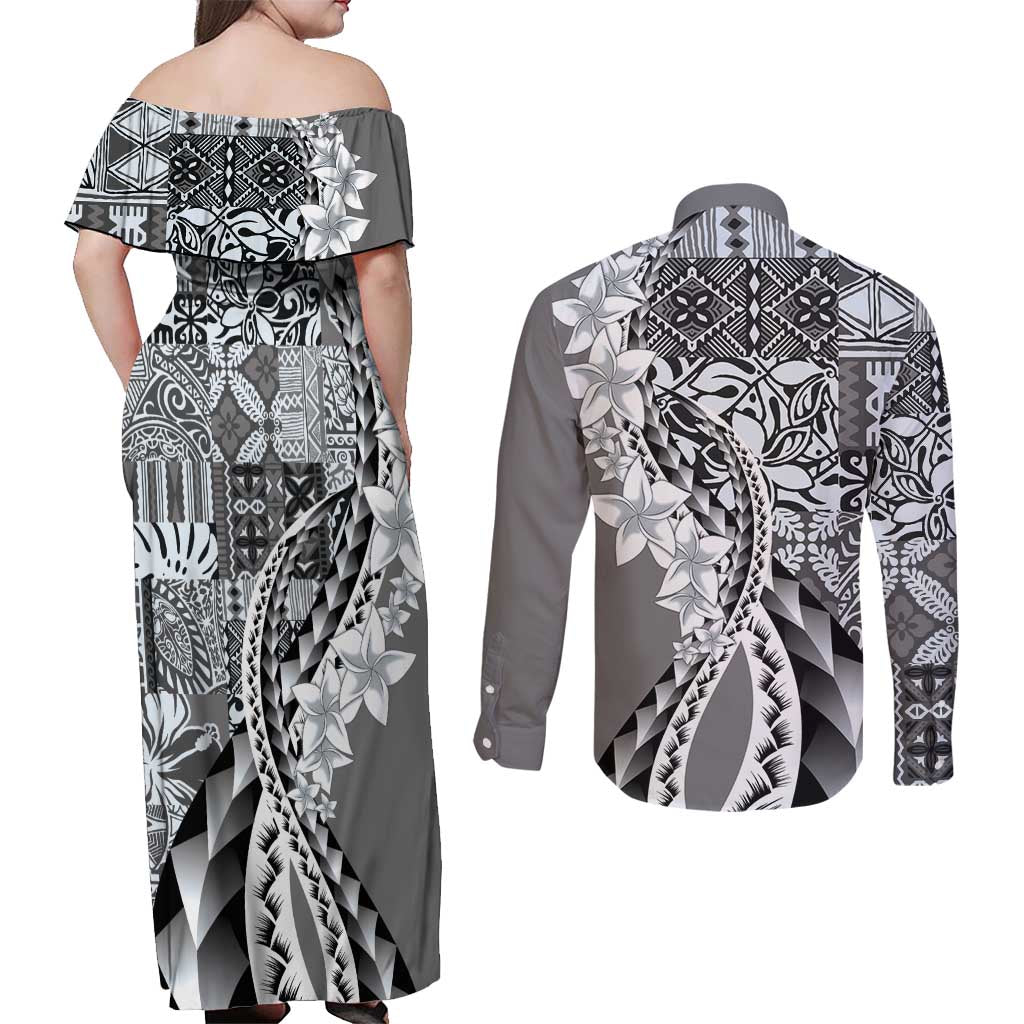 Aloha Vintage Plumeria Hawaiian Tapa Pattern Couples Matching Off Shoulder Maxi Dress and Long Sleeve Button Shirt Gray Hawaiian Tapa Pattern LT9 - Polynesian Pride