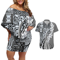 Aloha Vintage Plumeria Hawaiian Tapa Pattern Couples Matching Off Shoulder Short Dress and Hawaiian Shirt Gray Hawaiian Tapa Pattern LT9 Gray - Polynesian Pride
