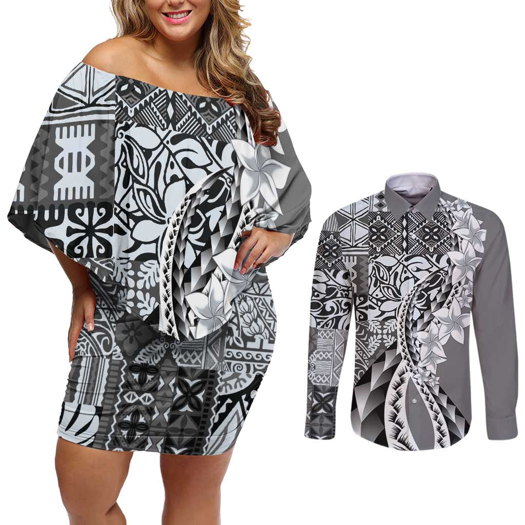 Aloha Vintage Plumeria Hawaiian Tapa Pattern Couples Matching Off Shoulder Short Dress and Long Sleeve Button Shirt Gray Hawaiian Tapa Pattern LT9 Gray - Polynesian Pride