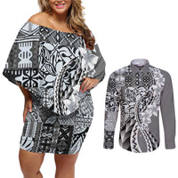 Aloha Vintage Plumeria Hawaiian Tapa Pattern Couples Matching Off Shoulder Short Dress and Long Sleeve Button Shirt Gray Hawaiian Tapa Pattern LT9 Gray - Polynesian Pride