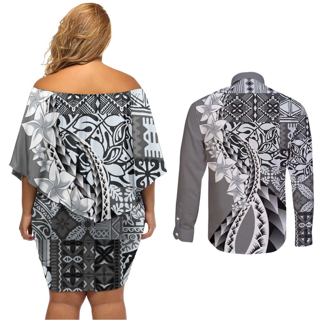Aloha Vintage Plumeria Hawaiian Tapa Pattern Couples Matching Off Shoulder Short Dress and Long Sleeve Button Shirt Gray Hawaiian Tapa Pattern LT9 - Polynesian Pride