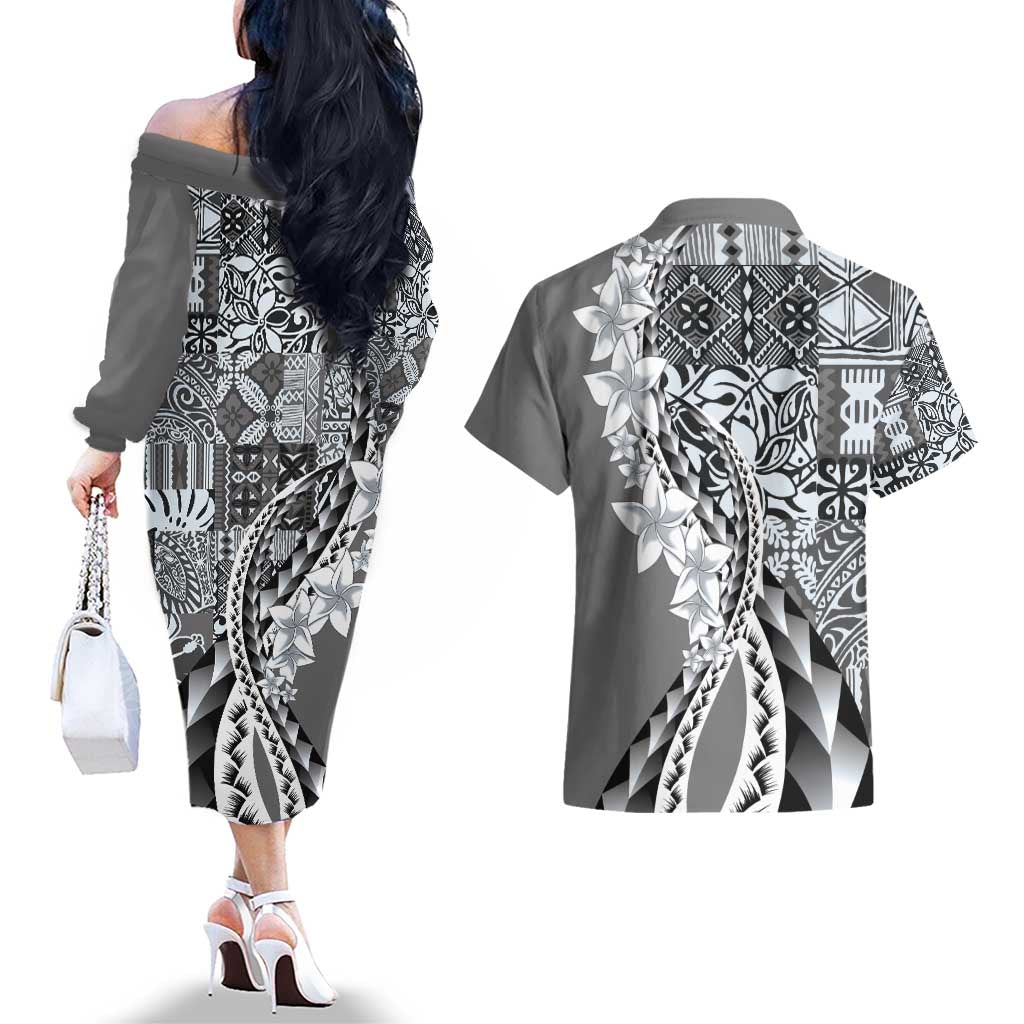 Aloha Vintage Plumeria Hawaiian Tapa Pattern Couples Matching Off The Shoulder Long Sleeve Dress and Hawaiian Shirt Gray Hawaiian Tapa Pattern LT9 - Polynesian Pride