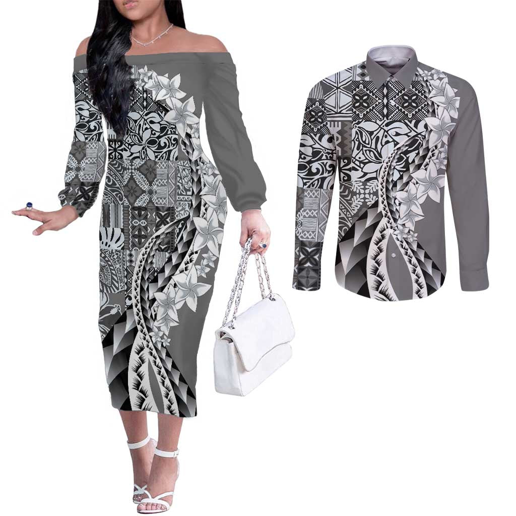 Aloha Vintage Plumeria Hawaiian Tapa Pattern Couples Matching Off The Shoulder Long Sleeve Dress and Long Sleeve Button Shirt Gray Hawaiian Tapa Pattern LT9 Gray - Polynesian Pride