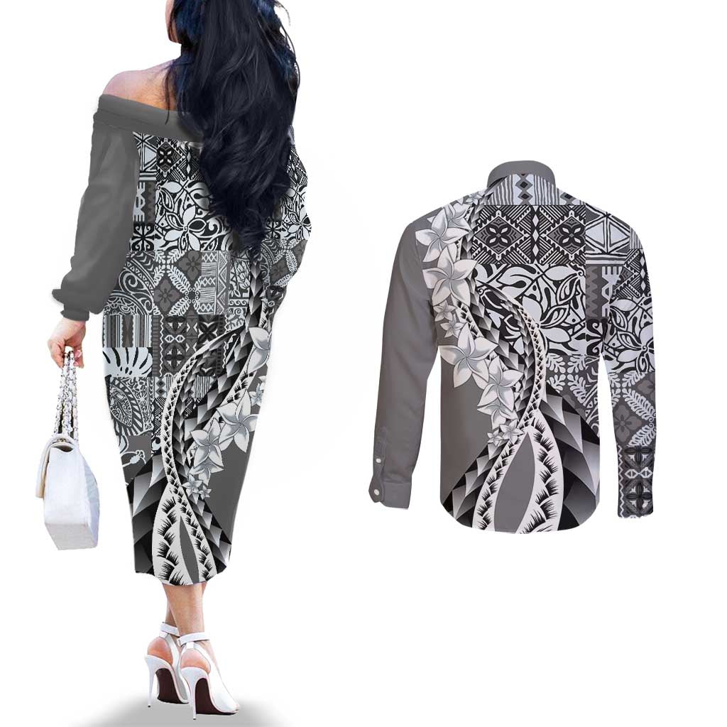 Aloha Vintage Plumeria Hawaiian Tapa Pattern Couples Matching Off The Shoulder Long Sleeve Dress and Long Sleeve Button Shirt Gray Hawaiian Tapa Pattern LT9 - Polynesian Pride