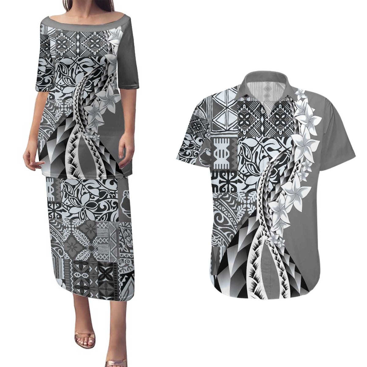 Aloha Vintage Plumeria Hawaiian Tapa Pattern Couples Matching Puletasi and Hawaiian Shirt Gray Hawaiian Tapa Pattern LT9 Gray - Polynesian Pride