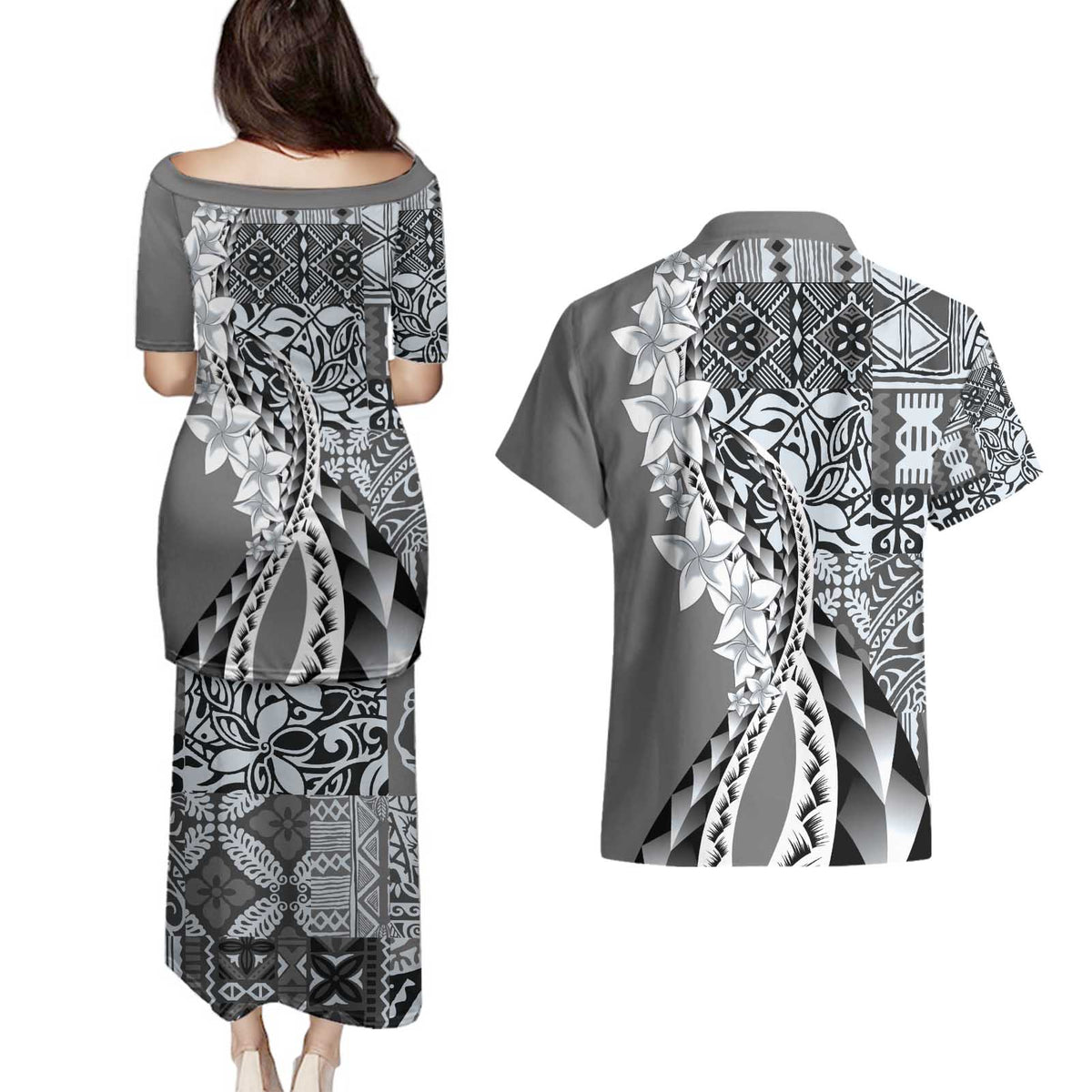 Aloha Vintage Plumeria Hawaiian Tapa Pattern Couples Matching Puletasi and Hawaiian Shirt Gray Hawaiian Tapa Pattern LT9 - Polynesian Pride