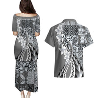 Aloha Vintage Plumeria Hawaiian Tapa Pattern Couples Matching Puletasi and Hawaiian Shirt Gray Hawaiian Tapa Pattern LT9 - Polynesian Pride