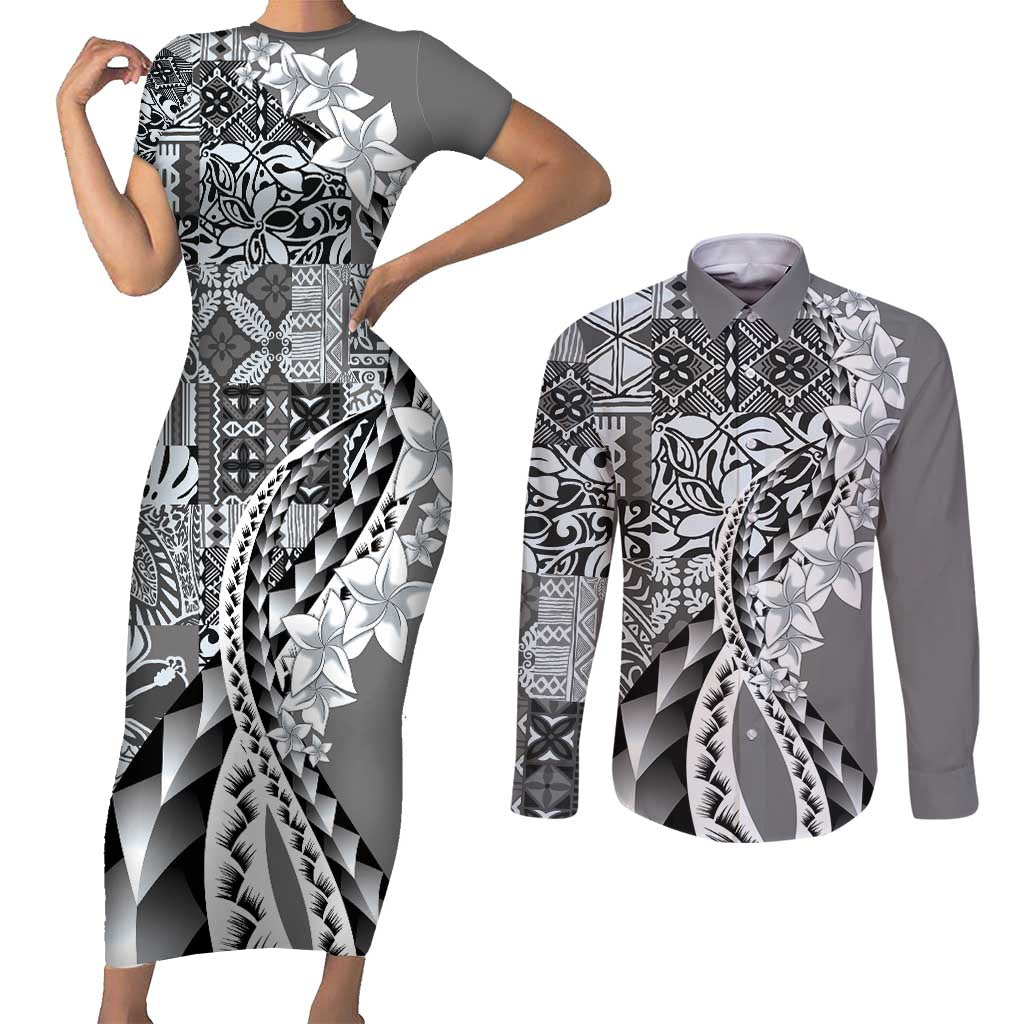 Aloha Vintage Plumeria Hawaiian Tapa Pattern Couples Matching Short Sleeve Bodycon Dress and Long Sleeve Button Shirt Gray Hawaiian Tapa Pattern LT9 Gray - Polynesian Pride