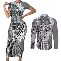 Aloha Vintage Plumeria Hawaiian Tapa Pattern Couples Matching Short Sleeve Bodycon Dress and Long Sleeve Button Shirt Gray Hawaiian Tapa Pattern LT9 Gray - Polynesian Pride
