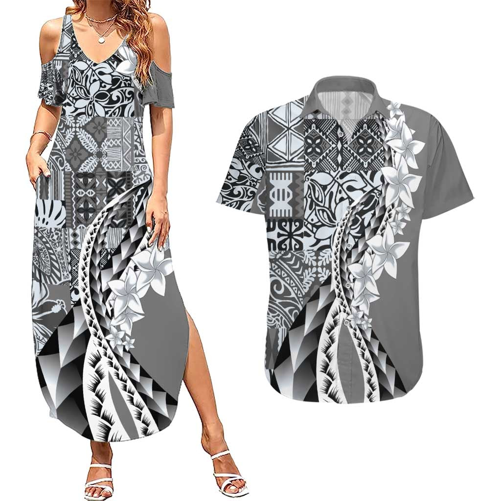 Aloha Vintage Plumeria Hawaiian Tapa Pattern Couples Matching Summer Maxi Dress and Hawaiian Shirt Gray Hawaiian Tapa Pattern LT9 Gray - Polynesian Pride