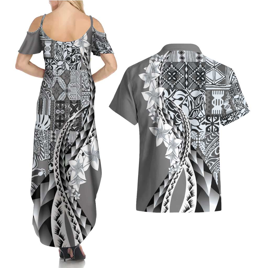 Aloha Vintage Plumeria Hawaiian Tapa Pattern Couples Matching Summer Maxi Dress and Hawaiian Shirt Gray Hawaiian Tapa Pattern LT9 - Polynesian Pride