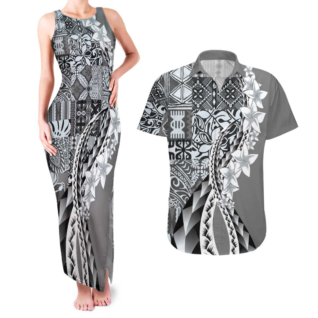 Aloha Vintage Plumeria Hawaiian Tapa Pattern Couples Matching Tank Maxi Dress and Hawaiian Shirt Gray Hawaiian Tapa Pattern LT9 Gray - Polynesian Pride