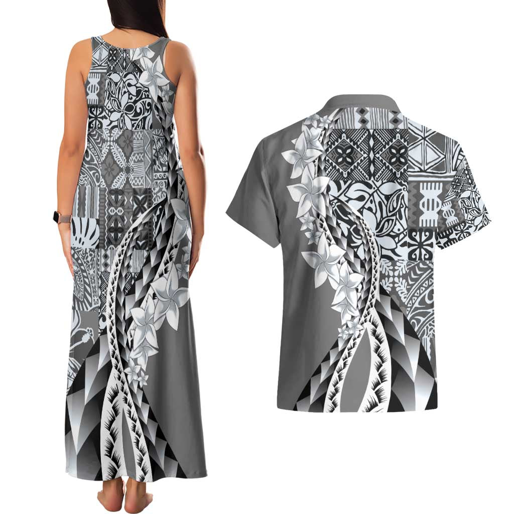 Aloha Vintage Plumeria Hawaiian Tapa Pattern Couples Matching Tank Maxi Dress and Hawaiian Shirt Gray Hawaiian Tapa Pattern LT9 - Polynesian Pride