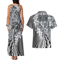 Aloha Vintage Plumeria Hawaiian Tapa Pattern Couples Matching Tank Maxi Dress and Hawaiian Shirt Gray Hawaiian Tapa Pattern LT9 - Polynesian Pride