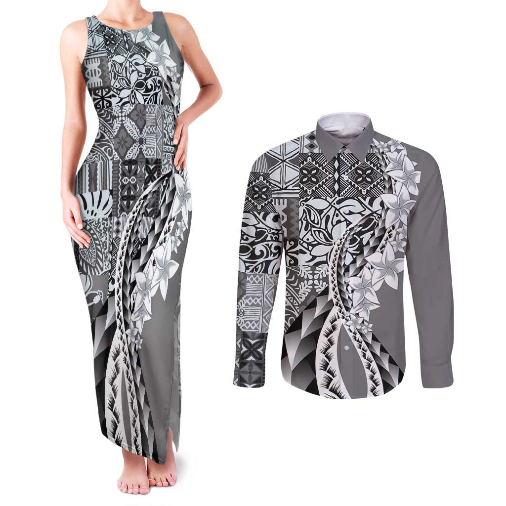 Aloha Vintage Plumeria Hawaiian Tapa Pattern Couples Matching Tank Maxi Dress and Long Sleeve Button Shirt Gray Hawaiian Tapa Pattern LT9 Gray - Polynesian Pride