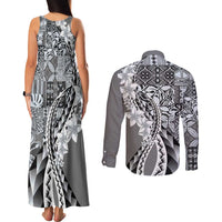Aloha Vintage Plumeria Hawaiian Tapa Pattern Couples Matching Tank Maxi Dress and Long Sleeve Button Shirt Gray Hawaiian Tapa Pattern LT9 - Polynesian Pride