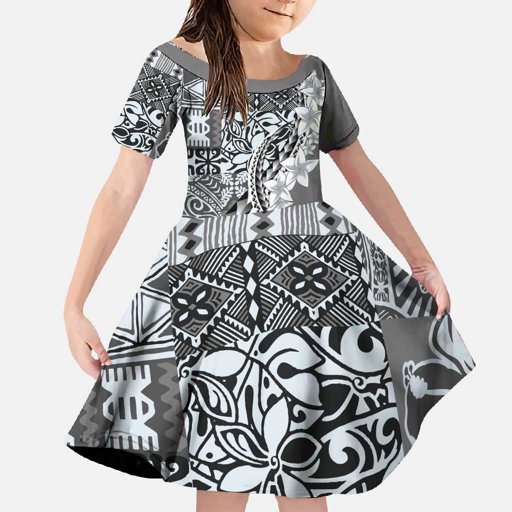 Aloha Vintage Plumeria Hawaiian Tapa Pattern Family Matching Long Sleeve Bodycon Dress and Hawaiian Shirt Gray Hawaiian Tapa Pattern LT9 Daughter's Dress Gray - Polynesian Pride