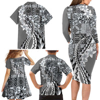 Aloha Vintage Plumeria Hawaiian Tapa Pattern Family Matching Long Sleeve Bodycon Dress and Hawaiian Shirt Gray Hawaiian Tapa Pattern LT9 - Polynesian Pride