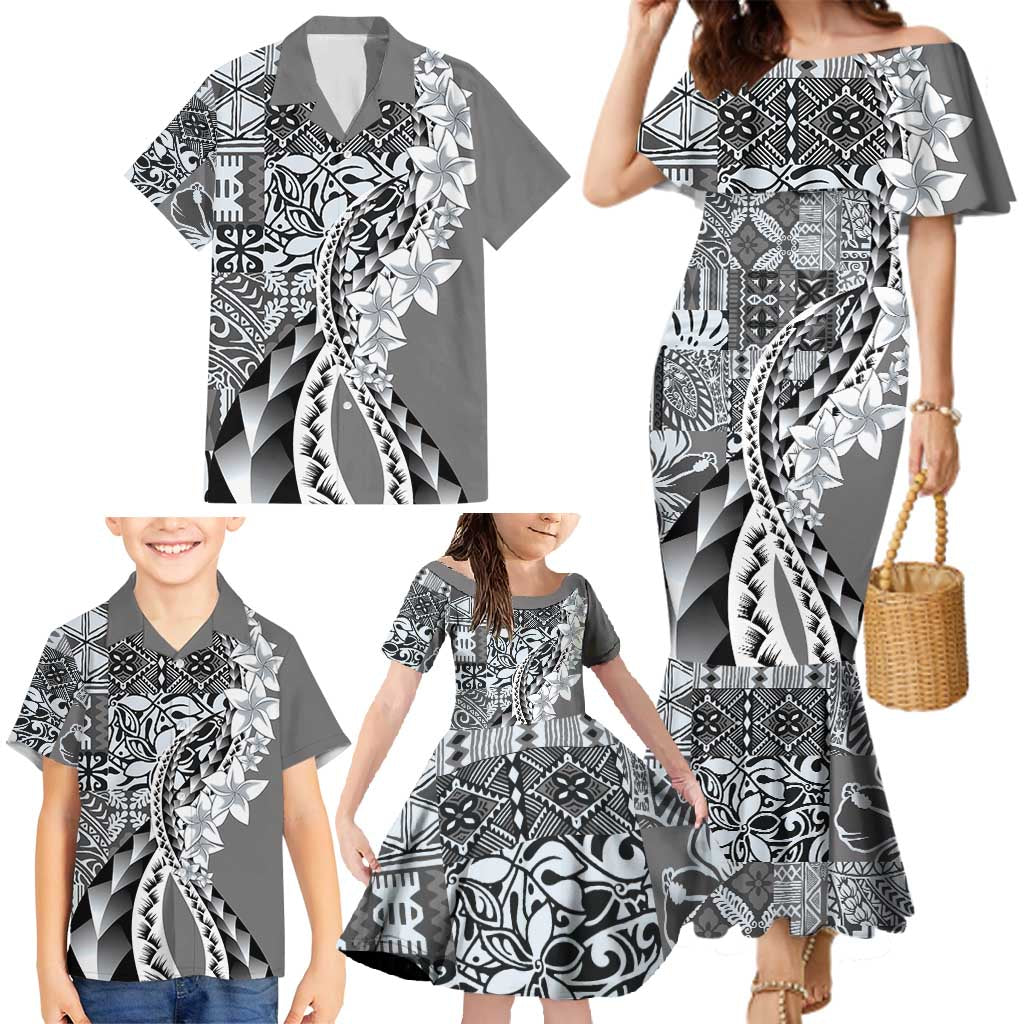 Aloha Vintage Plumeria Hawaiian Tapa Pattern Family Matching Mermaid Dress and Hawaiian Shirt Gray Hawaiian Tapa Pattern LT9 - Polynesian Pride