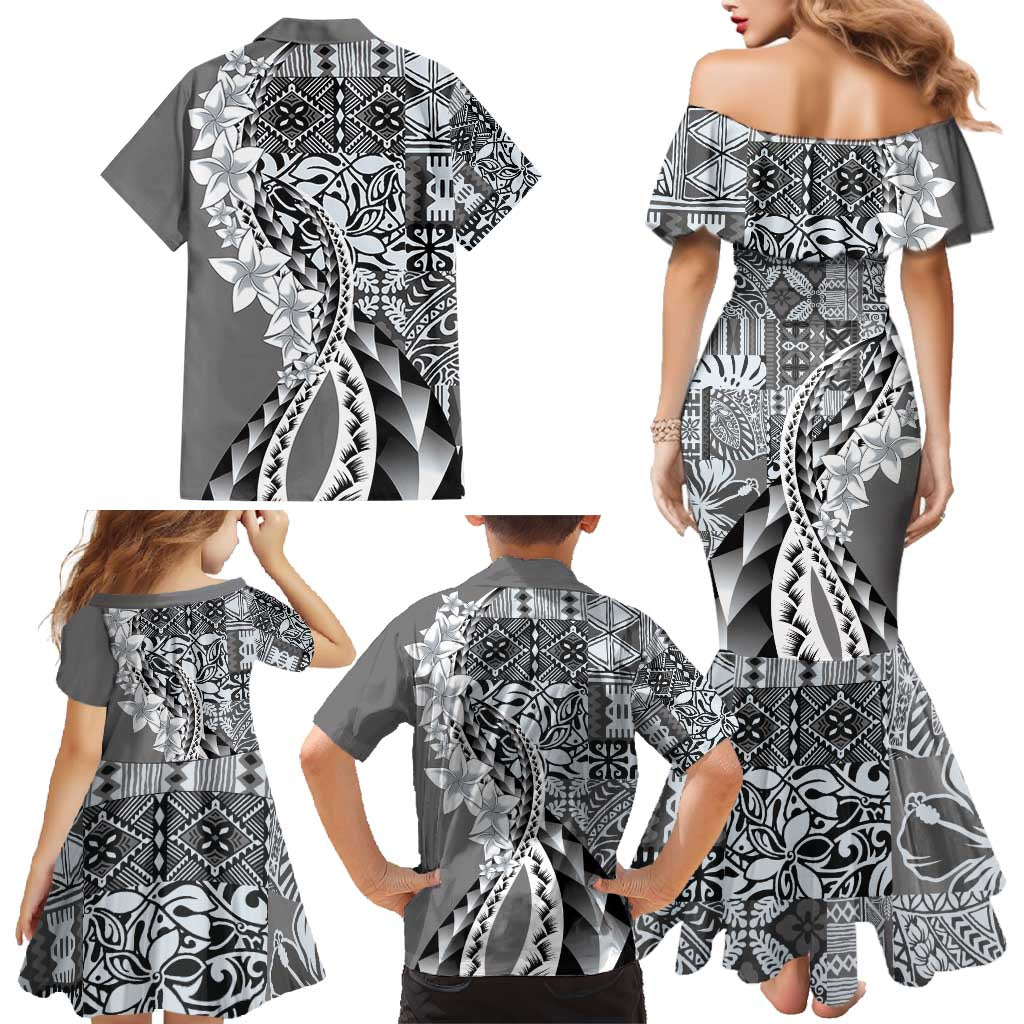 Aloha Vintage Plumeria Hawaiian Tapa Pattern Family Matching Mermaid Dress and Hawaiian Shirt Gray Hawaiian Tapa Pattern LT9 - Polynesian Pride