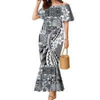 Aloha Vintage Plumeria Hawaiian Tapa Pattern Family Matching Mermaid Dress and Hawaiian Shirt Gray Hawaiian Tapa Pattern LT9 Mom's Dress Gray - Polynesian Pride