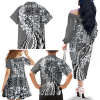 Aloha Vintage Plumeria Hawaiian Tapa Pattern Family Matching Off The Shoulder Long Sleeve Dress and Hawaiian Shirt Gray Hawaiian Tapa Pattern LT9 - Polynesian Pride