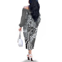 Aloha Vintage Plumeria Hawaiian Tapa Pattern Family Matching Off The Shoulder Long Sleeve Dress and Hawaiian Shirt Gray Hawaiian Tapa Pattern LT9 - Polynesian Pride