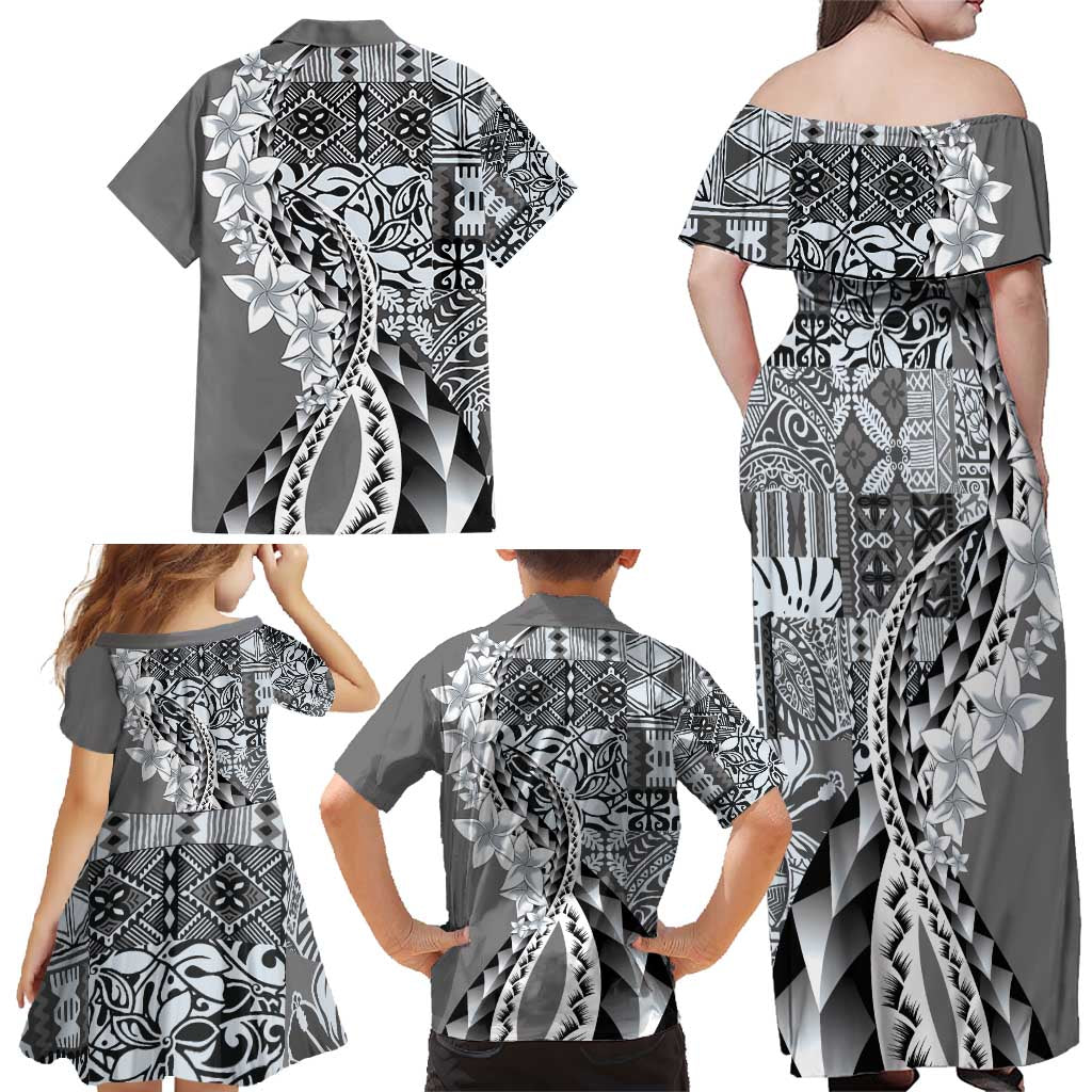 Aloha Vintage Plumeria Hawaiian Tapa Pattern Family Matching Off Shoulder Maxi Dress and Hawaiian Shirt Gray Hawaiian Tapa Pattern LT9 - Polynesian Pride