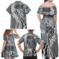 Aloha Vintage Plumeria Hawaiian Tapa Pattern Family Matching Off Shoulder Maxi Dress and Hawaiian Shirt Gray Hawaiian Tapa Pattern LT9 - Polynesian Pride