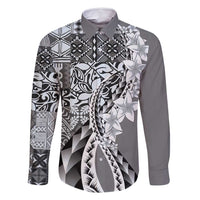 Aloha Vintage Plumeria Hawaiian Tapa Pattern Family Matching Off Shoulder Maxi Dress and Hawaiian Shirt Gray Hawaiian Tapa Pattern LT9 Dad's Shirt - Long Sleeve Gray - Polynesian Pride