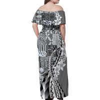Aloha Vintage Plumeria Hawaiian Tapa Pattern Family Matching Off Shoulder Maxi Dress and Hawaiian Shirt Gray Hawaiian Tapa Pattern LT9 - Polynesian Pride
