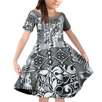 Aloha Vintage Plumeria Hawaiian Tapa Pattern Family Matching Off Shoulder Short Dress and Hawaiian Shirt Gray Hawaiian Tapa Pattern LT9 Daughter's Dress Gray - Polynesian Pride