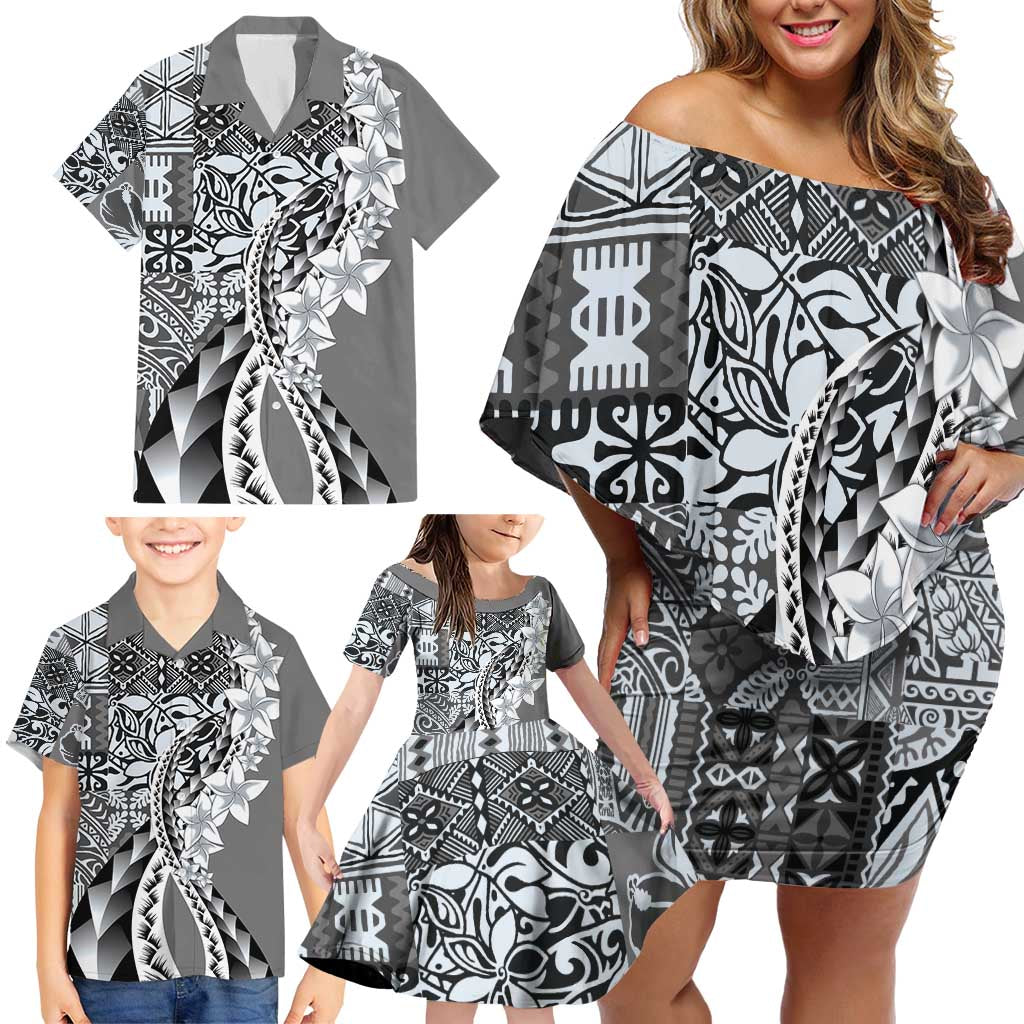 Aloha Vintage Plumeria Hawaiian Tapa Pattern Family Matching Off Shoulder Short Dress and Hawaiian Shirt Gray Hawaiian Tapa Pattern LT9 - Polynesian Pride