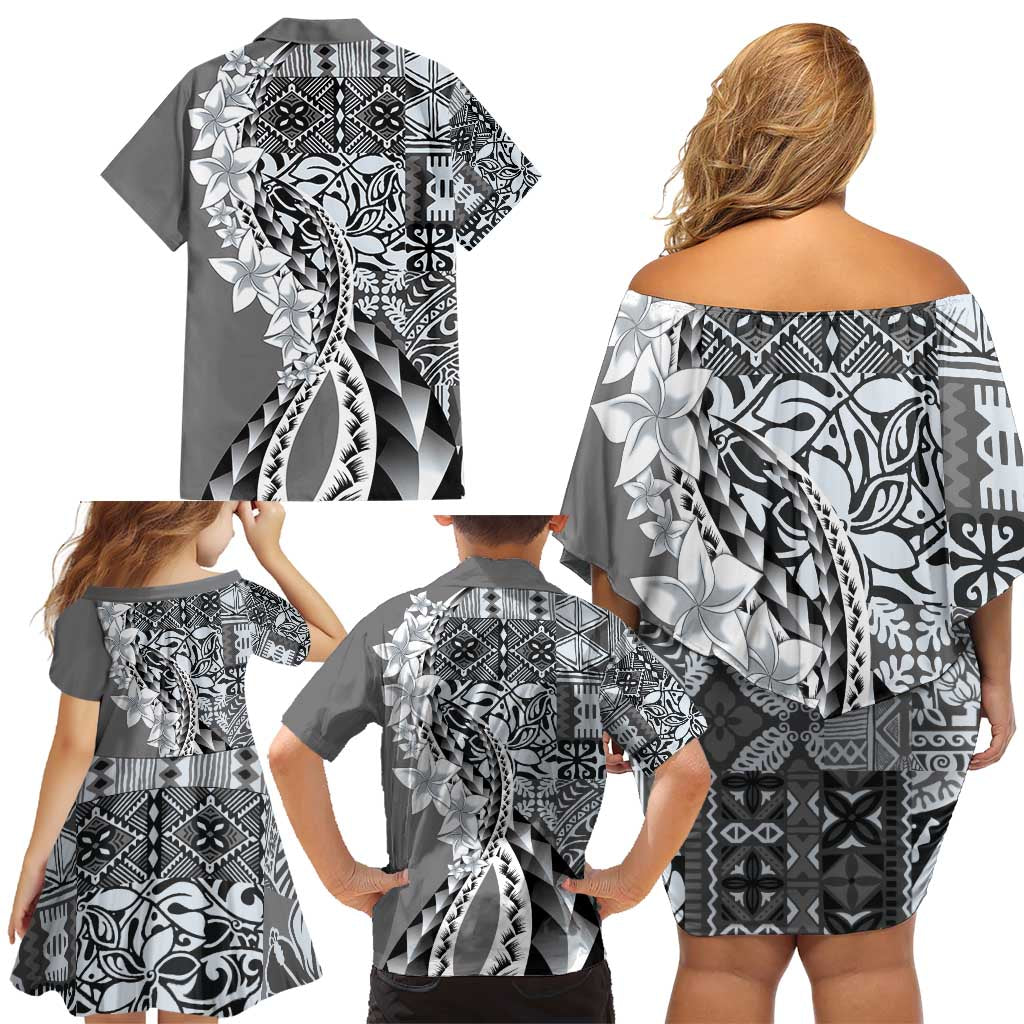 Aloha Vintage Plumeria Hawaiian Tapa Pattern Family Matching Off Shoulder Short Dress and Hawaiian Shirt Gray Hawaiian Tapa Pattern LT9 - Polynesian Pride