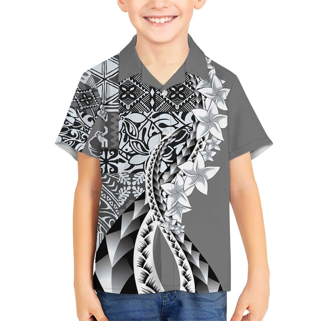 Aloha Vintage Plumeria Hawaiian Tapa Pattern Family Matching Off Shoulder Short Dress and Hawaiian Shirt Gray Hawaiian Tapa Pattern LT9 Son's Shirt Gray - Polynesian Pride