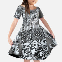 Aloha Vintage Plumeria Hawaiian Tapa Pattern Family Matching Short Sleeve Bodycon Dress and Hawaiian Shirt Gray Hawaiian Tapa Pattern LT9 Daughter's Dress Gray - Polynesian Pride