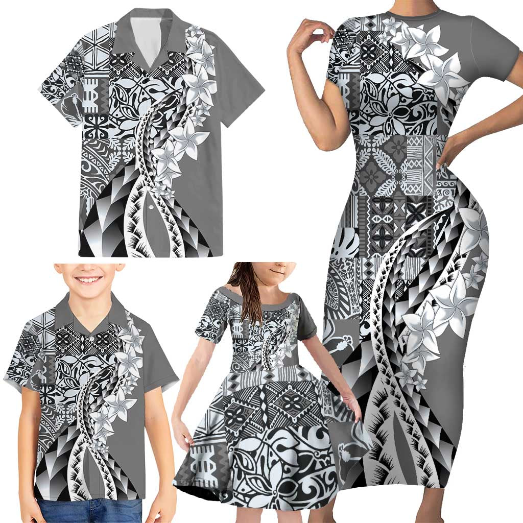 Aloha Vintage Plumeria Hawaiian Tapa Pattern Family Matching Short Sleeve Bodycon Dress and Hawaiian Shirt Gray Hawaiian Tapa Pattern LT9 - Polynesian Pride
