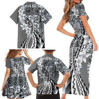 Aloha Vintage Plumeria Hawaiian Tapa Pattern Family Matching Short Sleeve Bodycon Dress and Hawaiian Shirt Gray Hawaiian Tapa Pattern LT9 - Polynesian Pride
