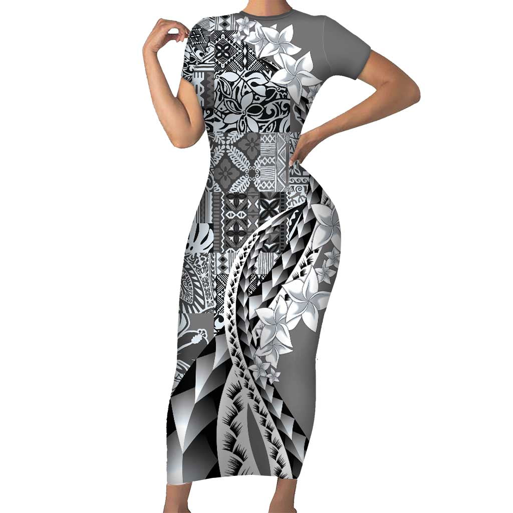 Aloha Vintage Plumeria Hawaiian Tapa Pattern Family Matching Short Sleeve Bodycon Dress and Hawaiian Shirt Gray Hawaiian Tapa Pattern LT9 Mom's Dress Gray - Polynesian Pride