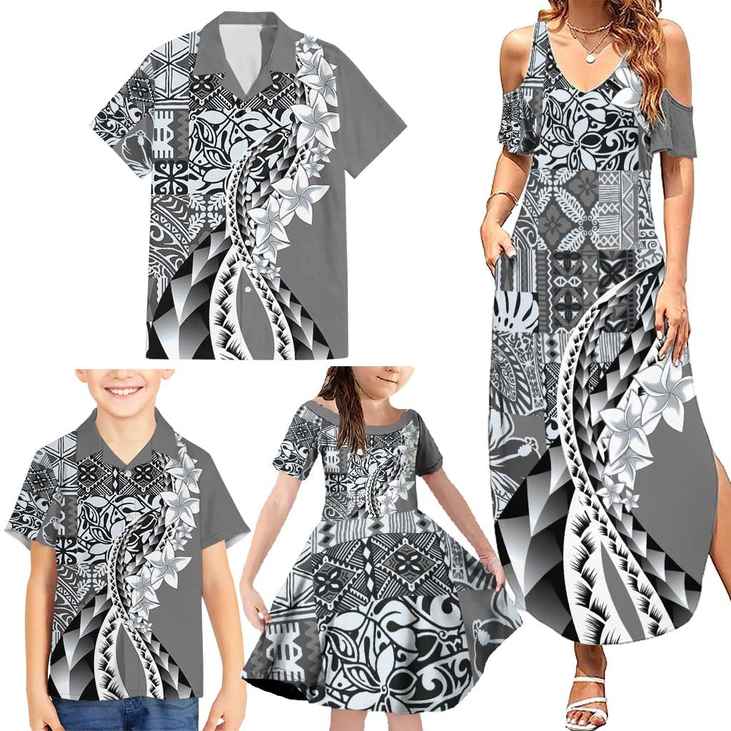 Aloha Vintage Plumeria Hawaiian Tapa Pattern Family Matching Summer Maxi Dress and Hawaiian Shirt Gray Hawaiian Tapa Pattern LT9 - Polynesian Pride