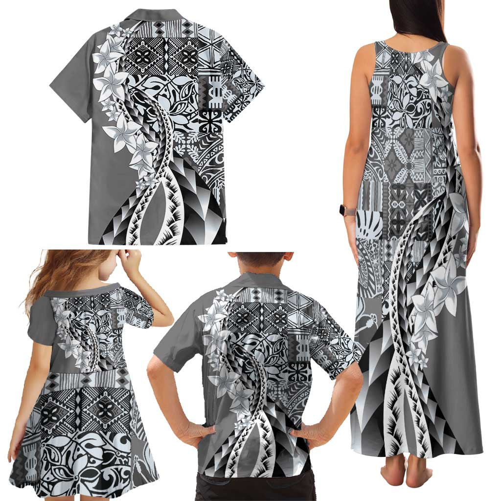 Aloha Vintage Plumeria Hawaiian Tapa Pattern Family Matching Tank Maxi Dress and Hawaiian Shirt Gray Hawaiian Tapa Pattern LT9 - Polynesian Pride